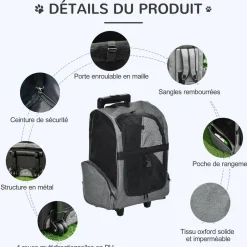2 en 1 trolley chariot sac à dos sac de transport à roulettes pour chien chat gris
