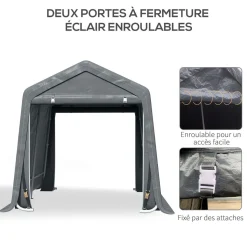 Abri de jardin - tente de stockage - abri de vélo - 2 portes zippées - dim. 280L x 240l x 240H cm - métal PE gris