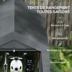 Abri de jardin, tente de stockage, 3 x 3 m, imperméable et anti-UV, cadre en acier galvanisé et grande porte, abri de vélo garage pour extérieur, gris foncé