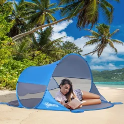 Abri de plage tente de plage pliable pop-up automatique instantané protection UV fenêtre arrière grand tapis de sol bleu ciel