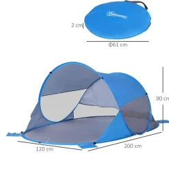 Abri de plage tente de plage pliable pop-up automatique instantané protection UV fenêtre arrière grand tapis de sol bleu ciel
