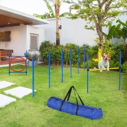 Agility sport pour chiens équipement complet : 6 poteaux slalom, obstacle, anneau + sac de transport bleu jaune rouge