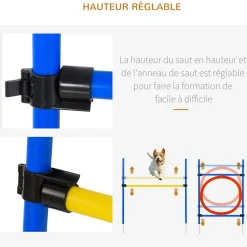 Agility sport pour chiens équipement complet : 6 poteaux slalom, obstacle, anneau + sac de transport bleu jaune rouge