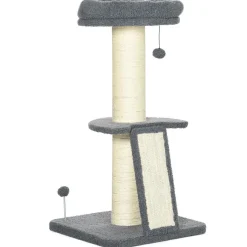 Arbre à chat 3 griffoirs grattoirs sisal naturel plateforme panier 2 boules suspendues peluche haute densité 220 g/m² gris