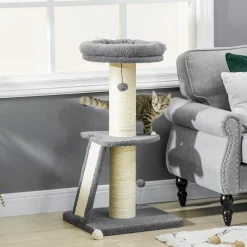 Arbre à chat 3 griffoirs grattoirs sisal naturel plateforme panier 2 boules suspendues peluche haute densité 220 g/m² gris