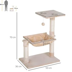 Arbre à chat 3 griffoirs grattoirs sisal naturel plateforme hamac et boule suspendue dim. 50L x 36l x 70H cm peluche haute densité 220 g/m² beige