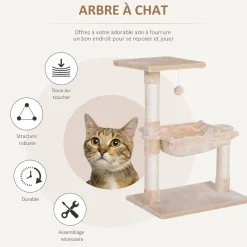 Arbre à chat 3 griffoirs grattoirs sisal naturel plateforme hamac et boule suspendue dim. 50L x 36l x 70H cm peluche haute densité 220 g/m² beige