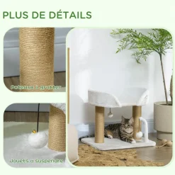 Arbre à chat 2 griffoirs jute naturelle panier jeu 2 boules suspendues avec clochettes peluche blanche
