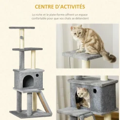 Arbre à chat centre d'activités multi-équipé griffoirs grattoir jeu boule suspendue niche housse amovible plateformes gris