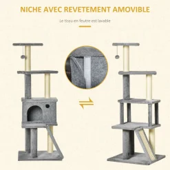 Arbre à chat centre d'activités multi-équipé griffoirs grattoir jeu boule suspendue niche housse amovible plateformes gris