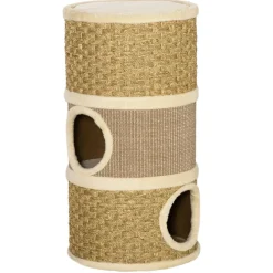 Arbre à chat cylindrique - tour à griffer pour chat - arbre à chat tour - Tonneau griffoir - 3 niches + plateforme - sisal corde d'algues beige