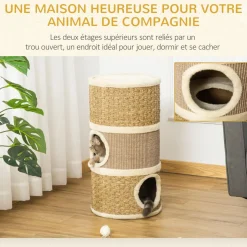Arbre à chat cylindrique - tour à griffer pour chat - arbre à chat tour - Tonneau griffoir - 3 niches + plateforme - sisal corde d'algues beige