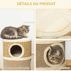 Arbre à chat cylindrique - tour à griffer pour chat - arbre à chat tour - Tonneau griffoir - 3 niches + plateforme - sisal corde d'algues beige