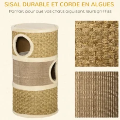 Arbre à chat cylindrique - tour à griffer pour chat - arbre à chat tour - Tonneau griffoir - 3 niches + plateforme - sisal corde d'algues beige