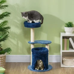 Arbre à chat design - niche, 2 plateformes, 2 coussins, griffoirs - peluche bleu roi