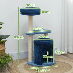 Arbre à chat design - niche, 2 plateformes, 2 coussins, griffoirs - peluche bleu roi