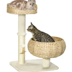 Arbre à chat griffoir 2 niveaux hauteur 72 cm poteau sisal avec niche et plate-forme 1 balle suspendue beige