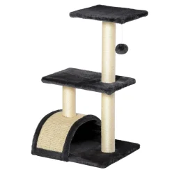 Arbre à chat griffoir grattoir design jeu boule suspendue 2 plateformes peluche sisal naturel gris