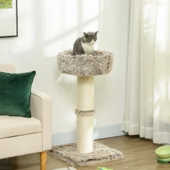 Arbre à chat luxe effet fourrure - dim. 45L x 45l x 87H cm - griffoir, plateforme panier observation - marron