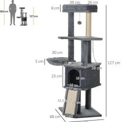Arbre à chat multi-équipement griffoirs grattoirs plateforme niche hamac jeu boule suspendue gris