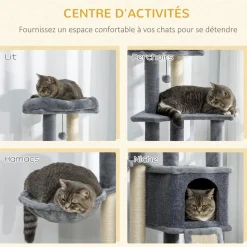 Arbre à chat multi-équipement griffoirs grattoirs plateforme niche hamac jeu boule suspendue gris