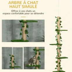 Arbre à chat poteau à griffer design hauteur réglable dim. 37L x 21l x 202- 242H cm 4 niveaux beige vert