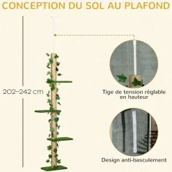 Arbre à chat poteau à griffer design hauteur réglable dim. 37L x 21l x 202- 242H cm 4 niveaux beige vert