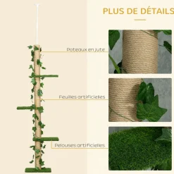 Arbre à chat poteau à griffer design hauteur réglable dim. 37L x 21l x 202- 242H cm 4 niveaux beige vert