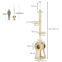 Arbre à chat style cosy naturel réglable H. 225-255 cm - niche, 2 rampes, plateforme, hamac - douce peluche courte beige