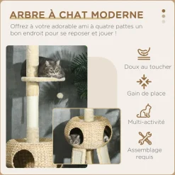 Arbre à chat style cosy naturel réglable H. 225-255 cm - niche, 2 rampes, plateforme, hamac - douce peluche courte beige