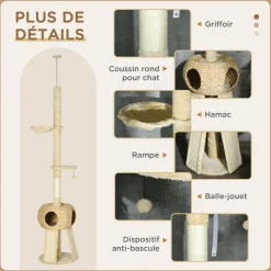 Arbre à chat style cosy naturel réglable H. 225-255 cm - niche, 2 rampes, plateforme, hamac - douce peluche courte beige