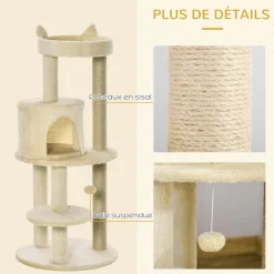 Arbre à chats multi-équipements griffoirs grattoirs plateformes niche jeu boule suspendue Ø 48 x 104H cm beige