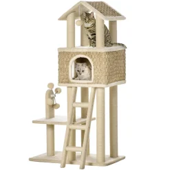 Arbre à chats style cosy chic griffoirs sisal naturel grande niche plateforme échelle jeu boules tourniquet peluche courte cordes d'algues tressées