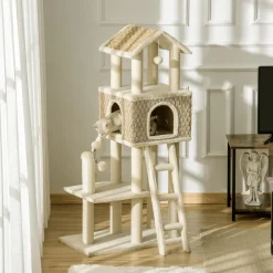 Arbre à chats style cosy chic griffoirs sisal naturel grande niche plateforme échelle jeu boules tourniquet peluche courte cordes d'algues tressées