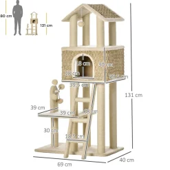 Arbre à chats style cosy chic griffoirs sisal naturel grande niche plateforme échelle jeu boules tourniquet peluche courte cordes d'algues tressées