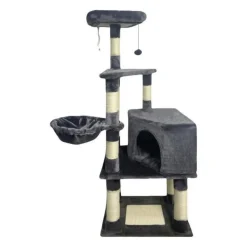 Arbre a chat - 55 x 40 x 138 cm - Gris foncé - 3 plateformes, 1 perchoir, 1 niche, poteaux a griffer