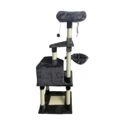 Arbre a chat - 55 x 40 x 138 cm - Gris foncé - 3 plateformes, 1 perchoir, 1 niche, poteaux a griffer