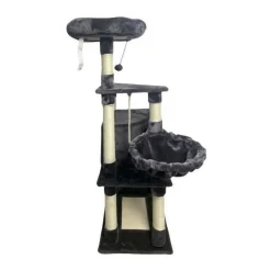 Arbre a chat - 55 x 40 x 138 cm - Gris foncé - 3 plateformes, 1 perchoir, 1 niche, poteaux a griffer
