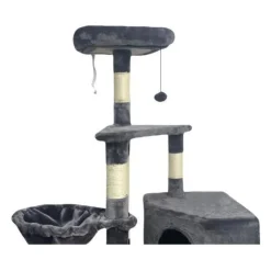 Arbre a chat - 55 x 40 x 138 cm - Gris foncé - 3 plateformes, 1 perchoir, 1 niche, poteaux a griffer