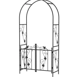 Arche de jardin avec portillon treillis style fer forgé feuilles vigne acier thermolaqué noir