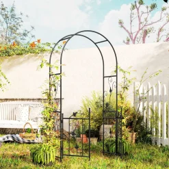 Arche de jardin avec portillon treillis style fer forgé feuilles vigne acier thermolaqué noir