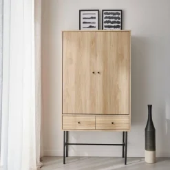 Armoire dressing effet bois rainuré 2 portes. 2 tiroirs. 3 étagères. buffet haut. vaisselier