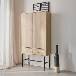 Armoire dressing effet bois rainuré 2 portes. 2 tiroirs. 3 étagères. buffet haut. vaisselier