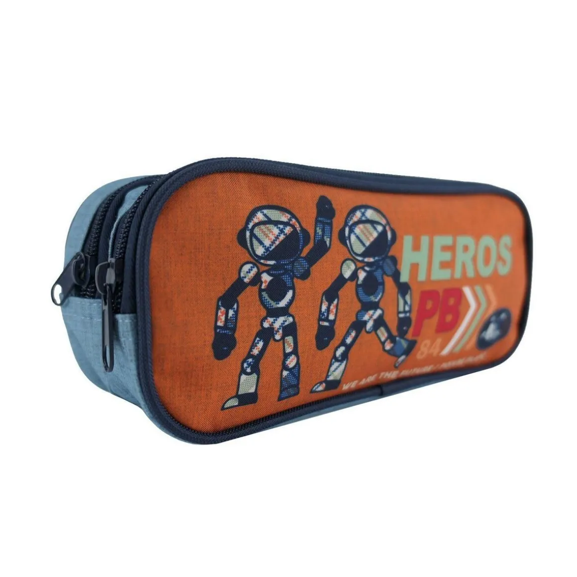 BAGTROTTER Trousse scolaire 2 compartiments Poivre Blanc Robots Orange