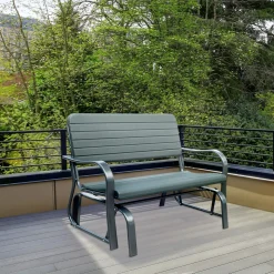 Banc à bascule de jardin 2 places - accoudoirs, assise, dossier ergonomique - métal époxy HDPE effet grain bois vert fougère