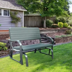 Banc à bascule de jardin 2 places - accoudoirs, assise, dossier ergonomique - métal époxy HDPE effet grain bois vert fougère