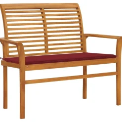 Banc de jardin avec coussin rouge bordeaux 112 cm Teck massif