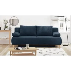 Banquette convertible 3 places MIKA - Velours côtelé bleu foncé - Coffre de rangement - L 192 x H 84 x P 93 cm