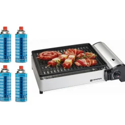 Barbecue à gaz 1900W Grille anti adhesive + 4 cartouches gaz camping KEMPER