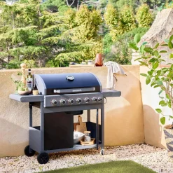 Barbecue au gaz Edmond noir - 6 brûleurs + 1 feu latéral. avec thermomètre. L 132x P62 x H143 cm